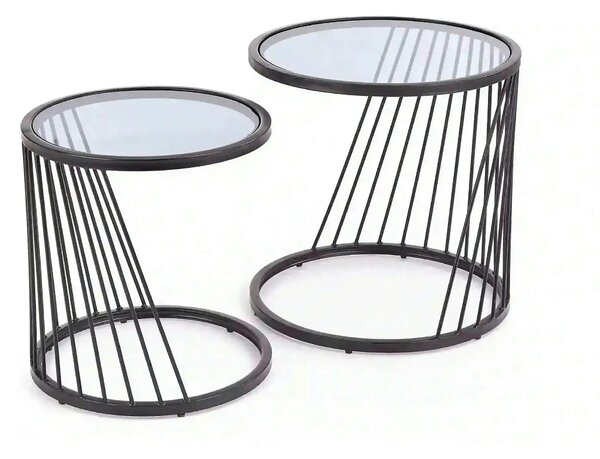 Set 2 masute cafea ANTILLA, transparent/negru, sticla/otel