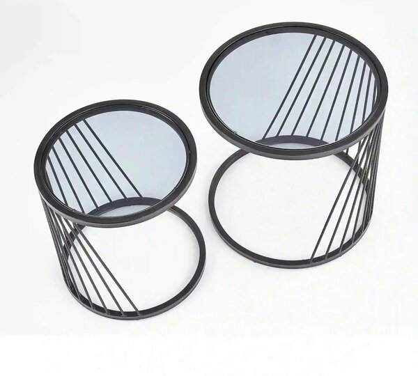 Set 2 masute cafea ANTILLA, transparent/negru, sticla/otel