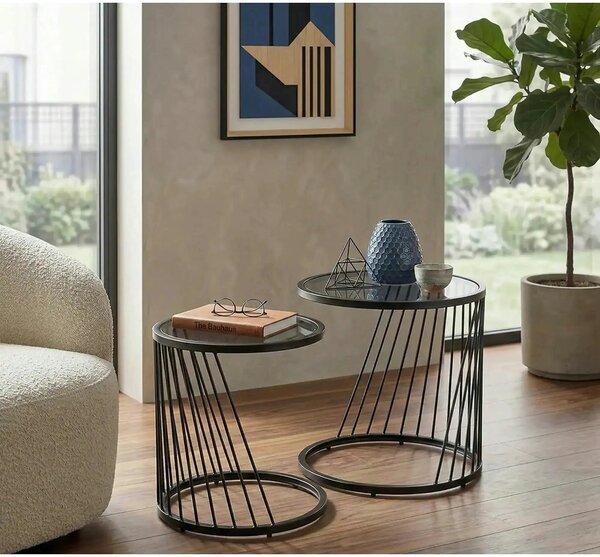 Set 2 masute cafea ANTILLA, transparent/negru, sticla/otel