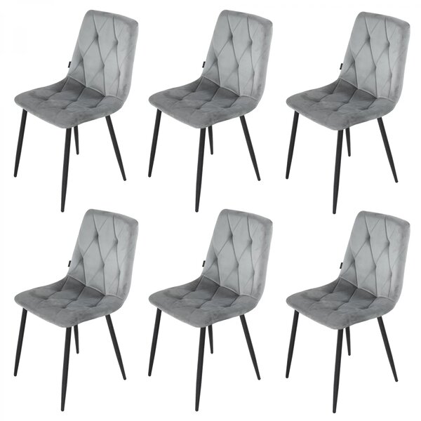 Set 6 scaune Kobe, DENVER, catifea gri, picioare metalice negre, 43x55x84 cm