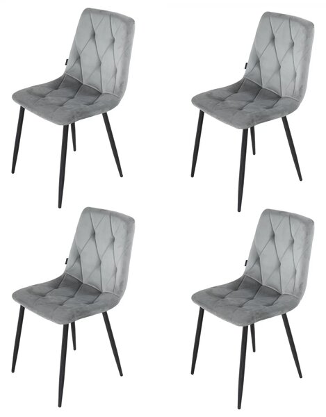 Set 4 scaune Kobe, DENVER, catifea gri, picioare metalice negre, 43x55x84 cm