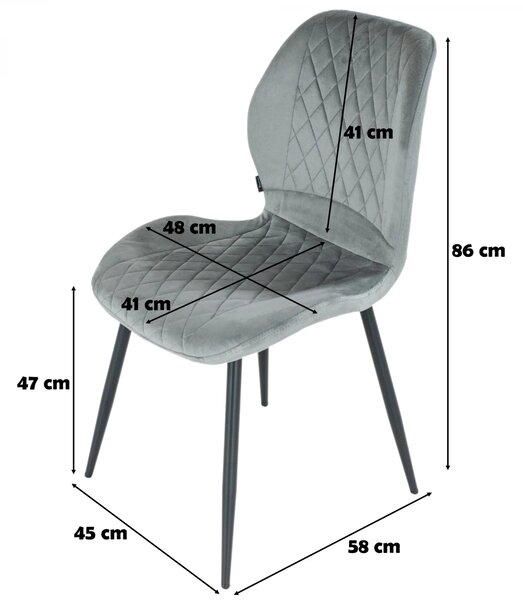 Set 6 scaune Goteborg, DENVER, catifea gri, picioare metalice negre, 48x58x86 cm