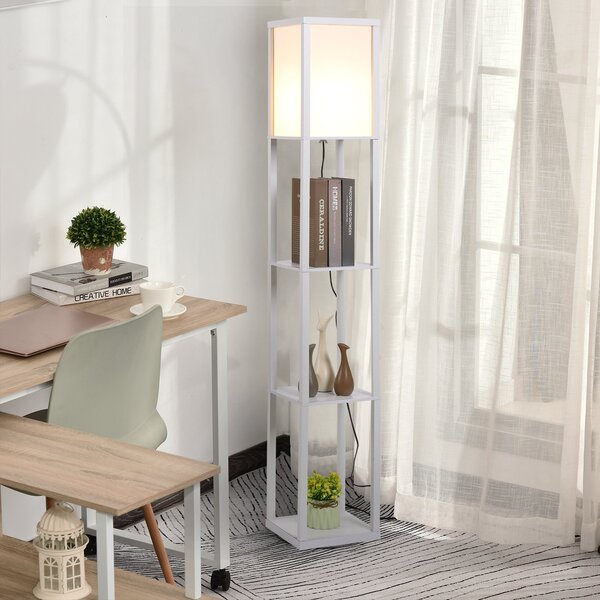 Lampa de Podea HOMCOM cu 3 Polite Integrate, Cuplare E27 Putere 40W, MDF, 26x26x160cm, Alb | Aosom Romania