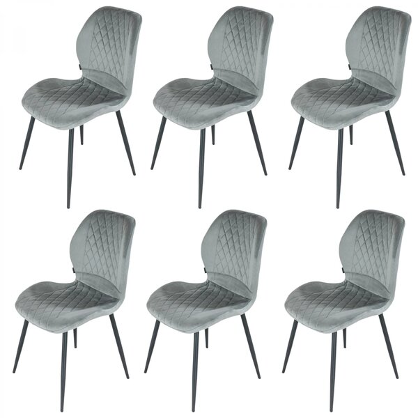 Set 6 scaune Goteborg, DENVER, catifea gri, picioare metalice negre, 48x58x86 cm