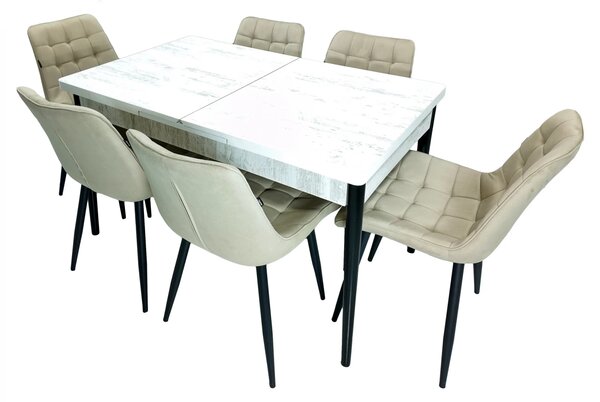 Set masa extensibila Napoli Pin antichizat cu 6 scaune Osaka bej, DENVER, picioare vopsite negru, 130x80x76 cm