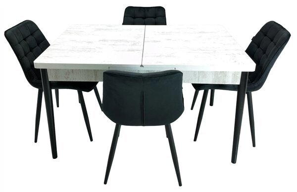 Set masa extensibila Napoli Pin antichizat cu 4 scaune Osaka negru, DENVER, picioare vopsite negru, 130x80x76 cm