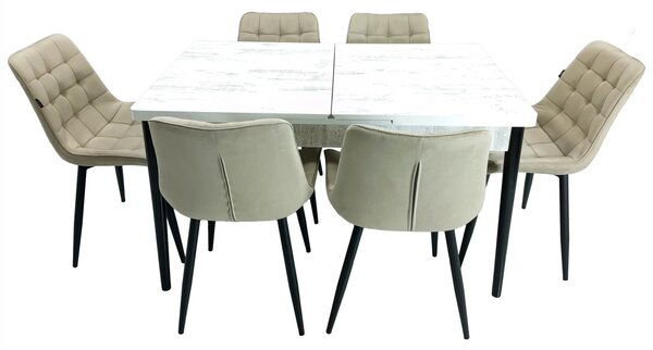Set masa extensibila Napoli Pin antichizat cu 6 scaune Osaka bej, DENVER, picioare vopsite negru, 130x80x76 cm