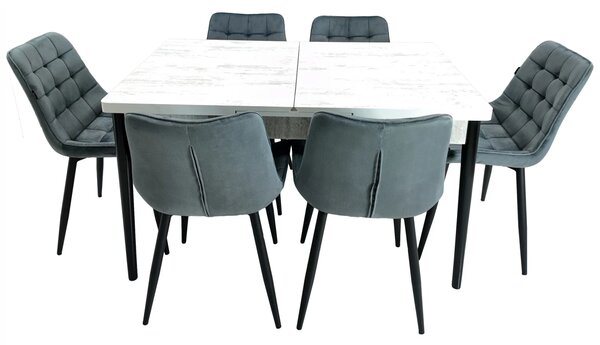 Set masa extensibila Napoli Pin antichizat cu 6 scaune Osaka gri, DENVER, picioare vopsite negru, 130x80x76 cm