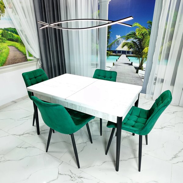 Set masa extensibila Napoli Pin antichizat cu 4 scaune Osaka verde, DENVER, picioare vopsite negru, 130x80x76 cm
