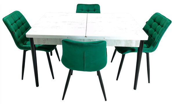Set masa extensibila Napoli Pin antichizat cu 4 scaune Osaka verde, DENVER, picioare vopsite negru, 130x80x76 cm