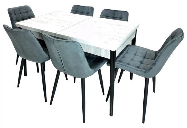 Set masa extensibila Napoli Pin antichizat cu 6 scaune Osaka gri, DENVER, picioare vopsite negru, 130x80x76 cm