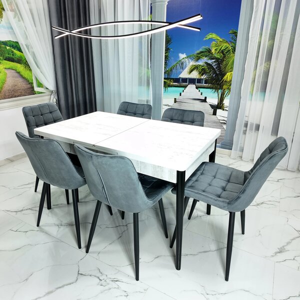 Set masa extensibila Napoli Pin antichizat cu 6 scaune Osaka gri, DENVER, picioare vopsite negru, 130x80x76 cm