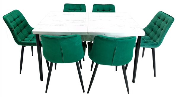 Set masa extensibila Napoli Pin antichizat cu 6 scaune Osaka verde, DENVER, picioare vopsite negru, 130x80x76 cm