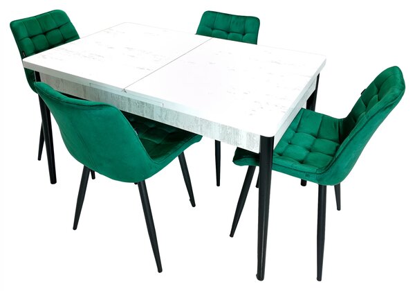 Set masa extensibila Napoli Pin antichizat cu 4 scaune Osaka verde, DENVER, picioare vopsite negru, 130x80x76 cm