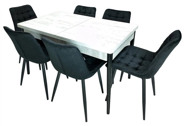 Set masa extensibila Napoli Pin antichizat cu 6 scaune Osaka negru, DENVER, picioare vopsite negru, 130x80x76 cm