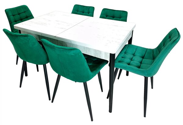 Set masa extensibila Napoli Pin antichizat cu 6 scaune Osaka verde, DENVER, picioare vopsite negru, 130x80x76 cm