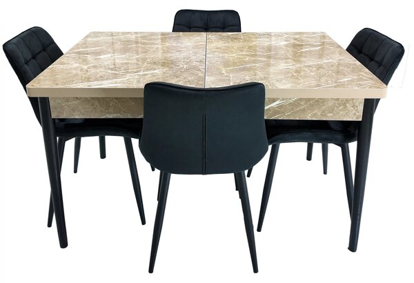 Set masa extensibila Napoli Royal Beige cu 4 scaune Osaka negru, DENVER, picioare vopsite negru, 130x80x76 cm