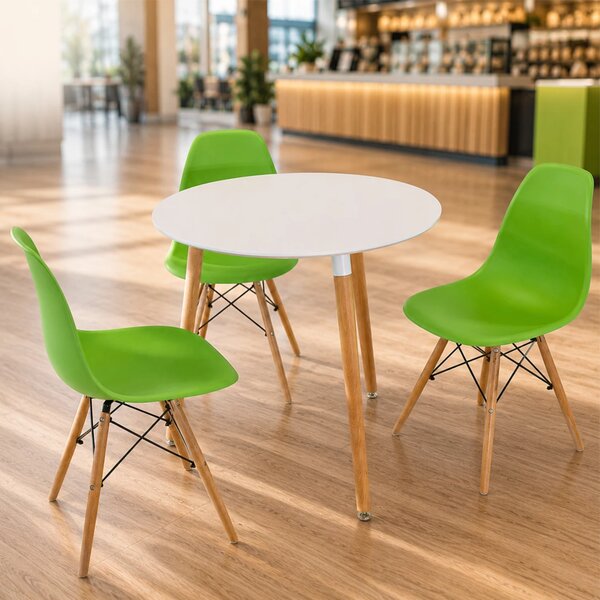 Set masa Salzburg alba cu 3 scaune Malmo verde, DENVER, blat MDF alb, forma rotunda, 80x74 cm