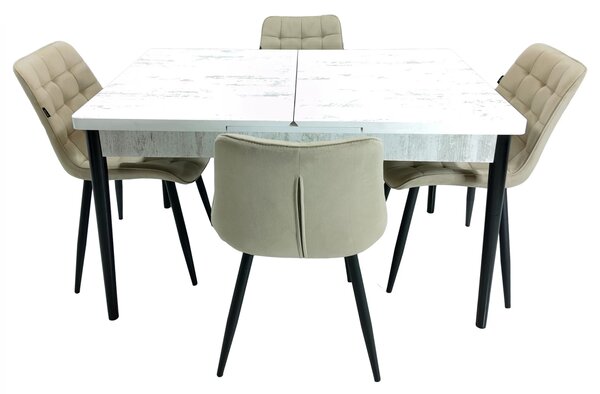 Set masa extensibila Napoli Pin antichizat cu 4 scaune Osaka bej, DENVER, picioare vopsite negru, 130x80x76 cm