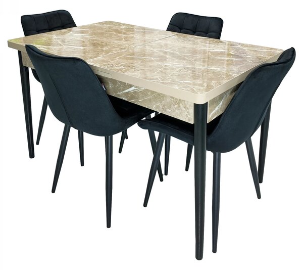 Set masa extensibila Napoli Royal Beige cu 4 scaune Osaka negru, DENVER, picioare vopsite negru, 130x80x76 cm
