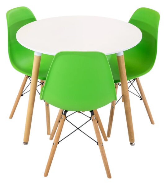 Set masa Salzburg alba cu 3 scaune Malmo verde, DENVER, blat MDF alb, forma rotunda, 80x74 cm