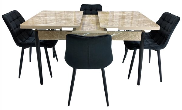 Set masa extensibila Napoli Royal Beige cu 4 scaune Osaka negru, DENVER, picioare vopsite negru, 130x80x76 cm
