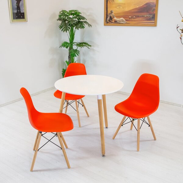 Set masa Salzburg alba cu 3 scaune Malmo portocaliu, DENVER, blat MDF alb, forma rotunda, 80x74 cm