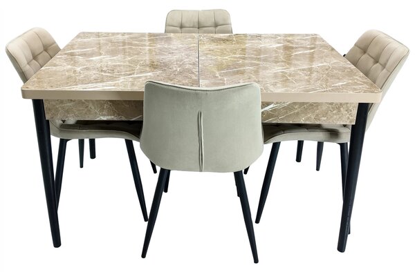 Set masa extensibila Napoli Royal Beige cu 4 scaune Osaka bej, DENVER, picioare vopsite negru, 130x80x76 cm