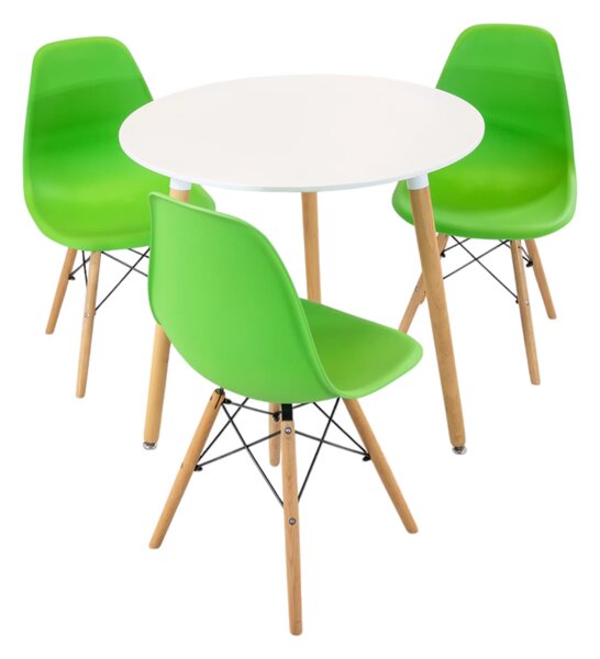 Set masa Salzburg alba cu 3 scaune Malmo verde, DENVER, blat MDF alb, forma rotunda, 80x74 cm