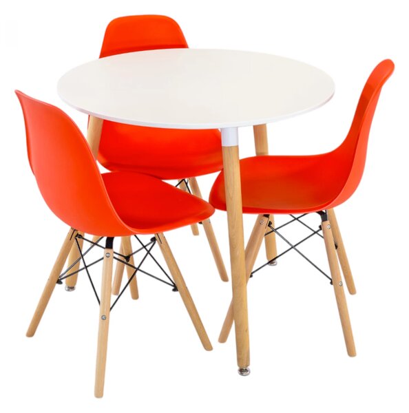 Set masa Salzburg alba cu 3 scaune Malmo portocaliu, DENVER, blat MDF alb, forma rotunda, 80x74 cm