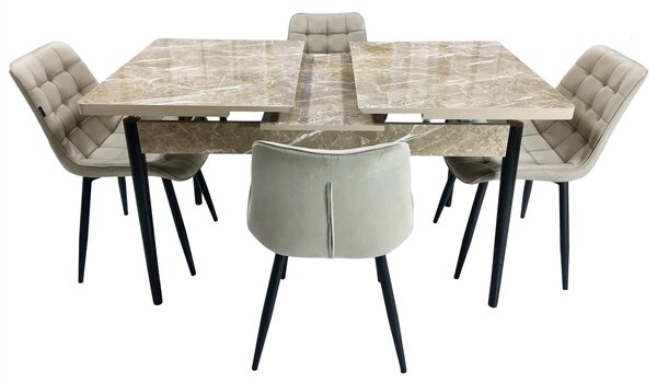 Set masa extensibila Napoli Royal Beige cu 4 scaune Osaka bej, DENVER, picioare vopsite negru, 130x80x76 cm