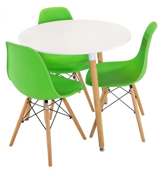 Set masa Salzburg alba cu 3 scaune Malmo verde, DENVER, blat MDF alb, forma rotunda, 80x74 cm