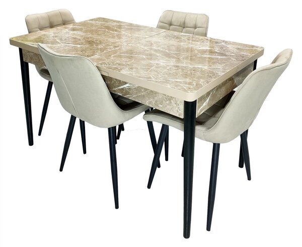 Set masa extensibila Napoli Royal Beige cu 4 scaune Osaka bej, DENVER, picioare vopsite negru, 130x80x76 cm