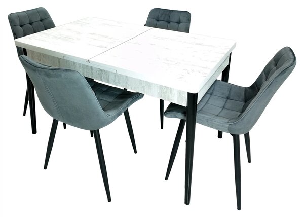 Set masa extensibila Napoli Pin antichizat cu 4 scaune Osaka gri, DENVER, picioare vopsite negru, 130x80x76 cm