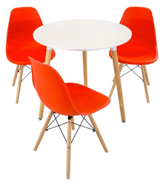 Set masa Salzburg alba cu 3 scaune Malmo portocaliu, DENVER, blat MDF alb, forma rotunda, 80x74 cm