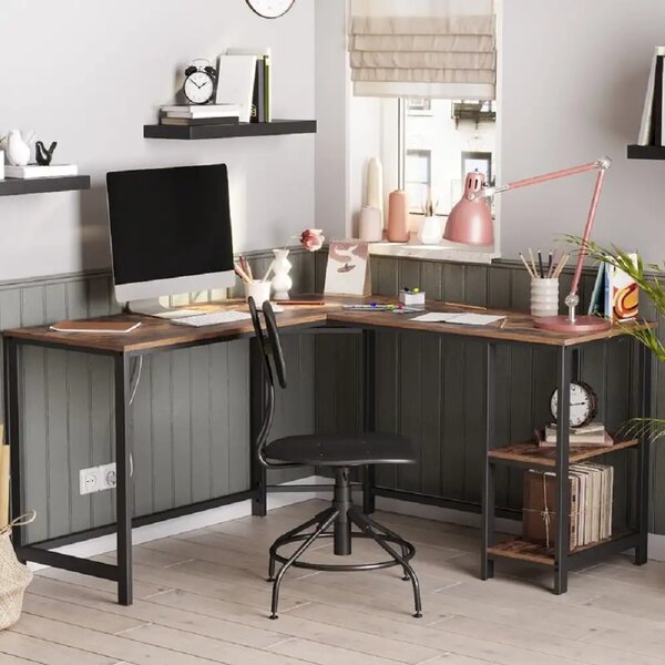 Birou de colt Oscar, culoare nuc si negru, 138x138x76 cm