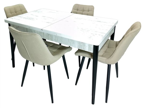 Set masa extensibila Napoli Pin antichizat cu 4 scaune Osaka bej, DENVER, picioare vopsite negru, 130x80x76 cm