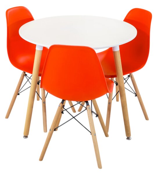 Set masa Salzburg alba cu 3 scaune Malmo portocaliu, DENVER, blat MDF alb, forma rotunda, 80x74 cm