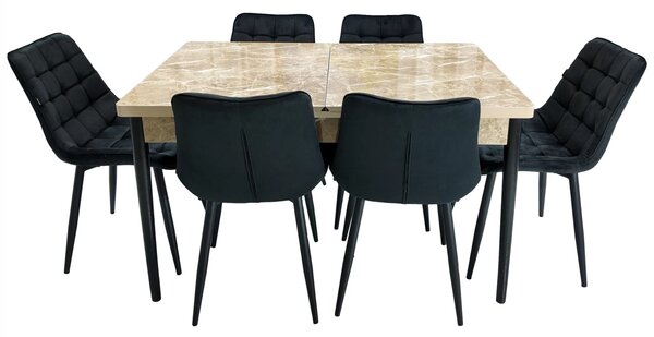 Set masa extensibila Napoli Royal Beige cu 6 scaune Osaka negru, DENVER, picioare vopsite negru, 130x80x76 cm