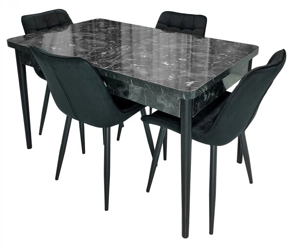 Set masa extensibila Napoli Black Marble cu 4 scaune Osaka negru, DENVER, picioare vopsite negru, 130x80x76 cm
