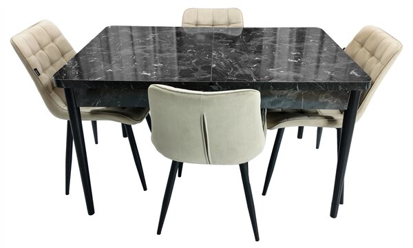 Set masa extensibila Napoli Black Marble cu 4 scaune Osaka bej, DENVER, picioare vopsite negru, 130x80x76 cm