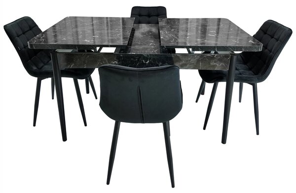 Set masa extensibila Napoli Black Marble cu 4 scaune Osaka negru, DENVER, picioare vopsite negru, 130x80x76 cm