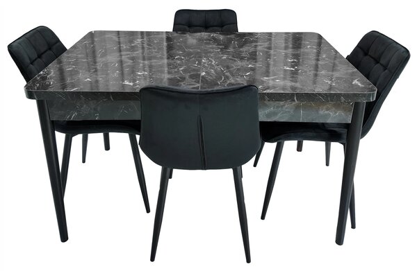 Set masa extensibila Napoli Black Marble cu 4 scaune Osaka negru, DENVER, picioare vopsite negru, 130x80x76 cm