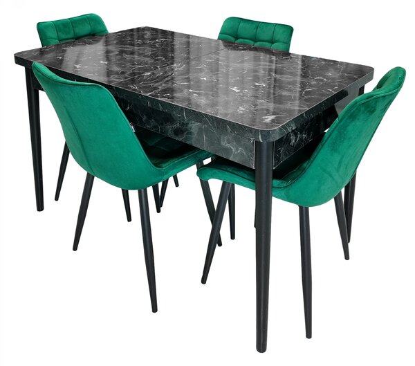 Set masa extensibila Napoli Black Marble cu 4 scaune Osaka verde , DENVER, picioare vopsite negru, 130x80x76 cm