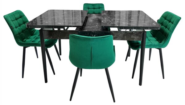 Set masa extensibila Napoli Black Marble cu 4 scaune Osaka verde , DENVER, picioare vopsite negru, 130x80x76 cm