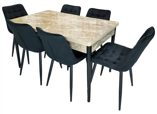 Set masa extensibila Napoli Royal Beige cu 6 scaune Osaka negru, DENVER, picioare vopsite negru, 130x80x76 cm