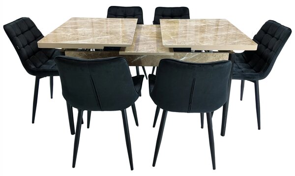 Set masa extensibila Napoli Royal Beige cu 6 scaune Osaka negru, DENVER, picioare vopsite negru, 130x80x76 cm