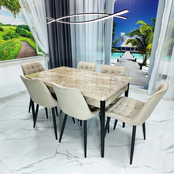 Set masa extensibila Napoli Royal Beige cu 6 scaune Osaka bej, DENVER, picioare vopsite negru, 130x80x76 cm