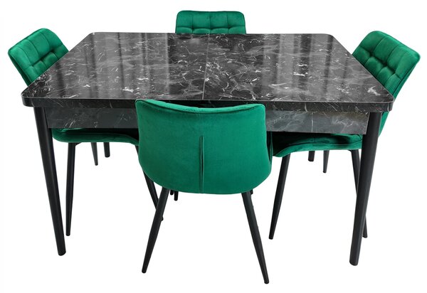 Set masa extensibila Napoli Black Marble cu 4 scaune Osaka verde , DENVER, picioare vopsite negru, 130x80x76 cm