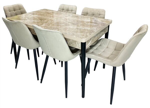 Set masa extensibila Napoli Royal Beige cu 6 scaune Osaka bej, DENVER, picioare vopsite negru, 130x80x76 cm